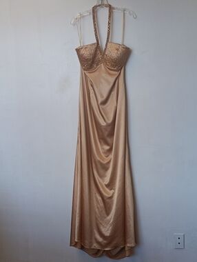 Vintage Sean Collection Gold Halter Prom Gown with Beaded Bust